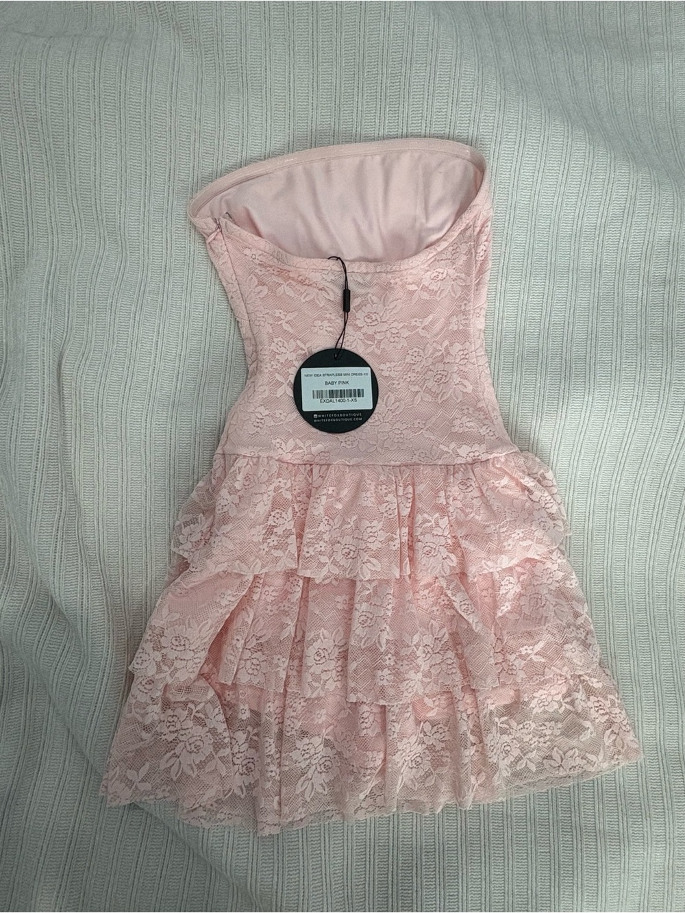 White Fox Boutique Pastel Pink Strapless Lace Mini Dress - Picture 3 of 5